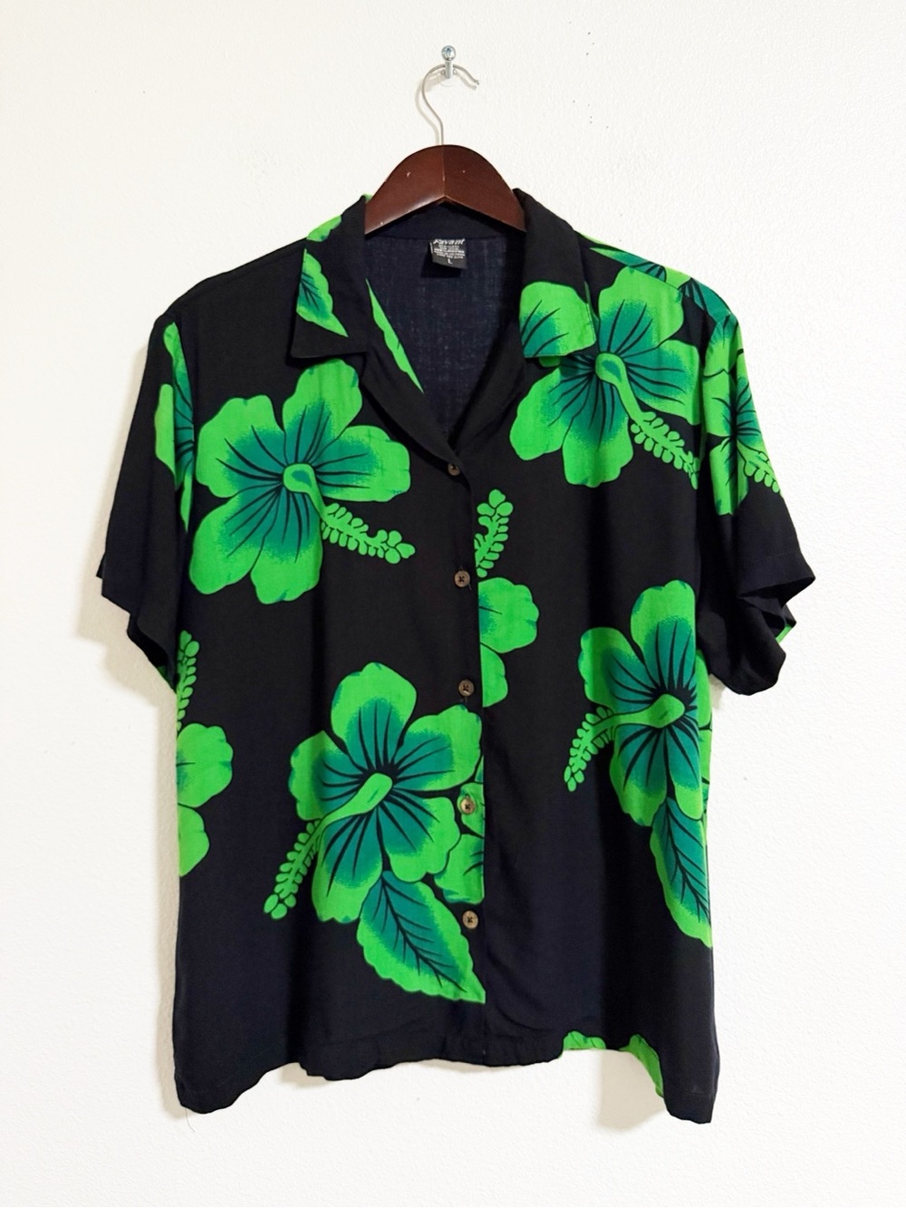 Favant Hawaiian Tropical Floral Button Up Black Green Size L